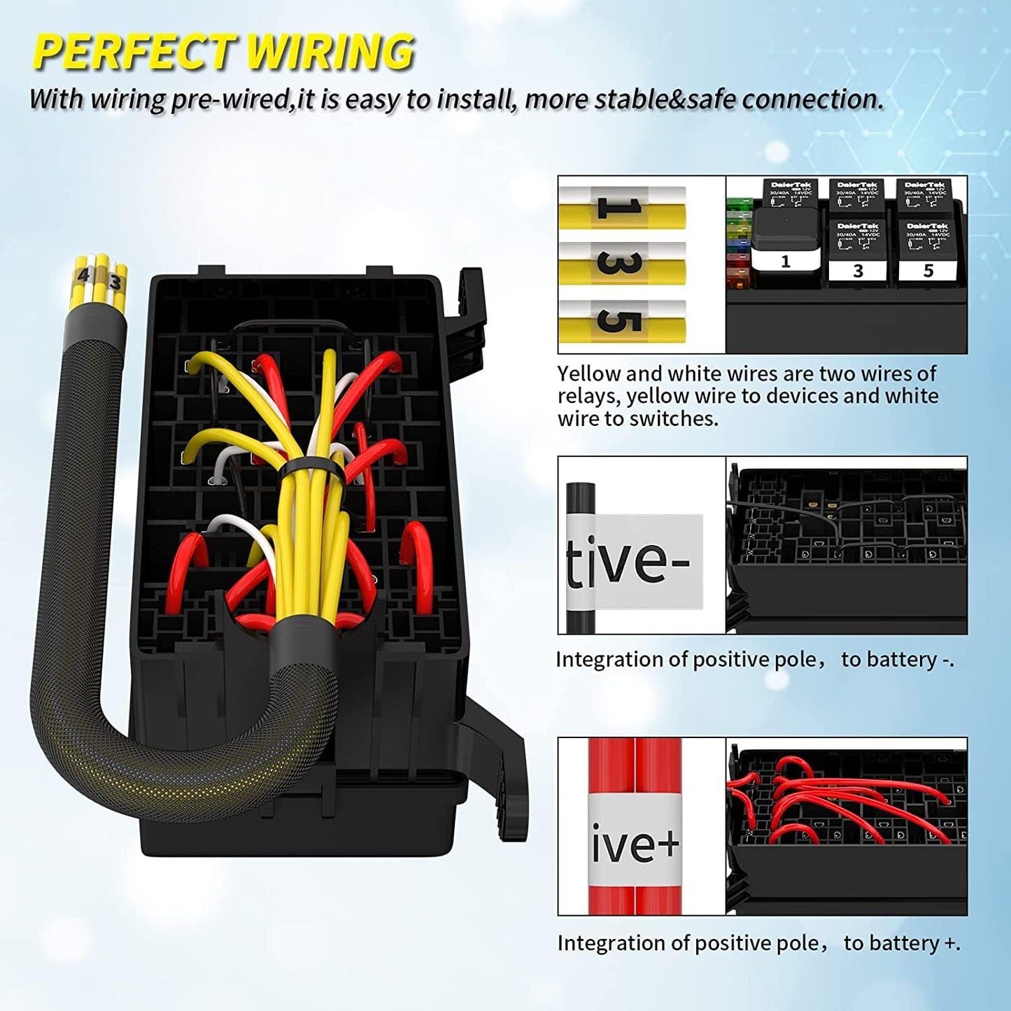 Set cutie relee si sigurante auto 12V, cu 5 releee JD1914 40A cu 5 pini, 1 releu RTT7121 cu 4 pini si 6 sigurante auto, cutie impermeabila, impotriva prafului, rezistenta la caldura, Gebildet