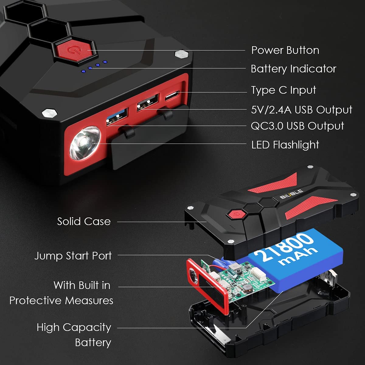Starter auto, robot de pornire multifunctional 2000A, cu finctie de powerbank 21800 mAh 12V, cu lanterna LED si port USB, BiUBLE