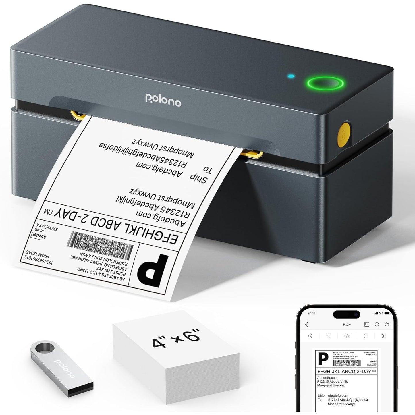 Imprimanta termica Bluetooth, pentru etichete rola si pliabile 4 x 6 inch, 150 mm/s, 230 DPI, compatibila iOS, Android, Windows, Mac, Amazon, Shopify, Etsy, USPS, gri