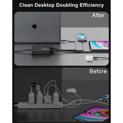 Incarcator retea 180W GaN, cu display LCD, 6 porturi de incarcare, 3 USB-A si 3 USB-C 65W, protectie la supracurent, supraincalzire, supratensiune, pentru MacBook, iPad, iPhone 14/13/12/Pro/Max, Samsung Galaxy S22