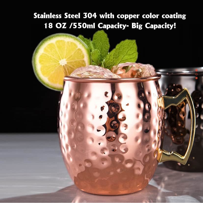 Set de 4 cani Moscow Mule, cesti 550 ml cu farfuriute, pai, jigger, lingurita, perie de curatare pai, tirbuson, rose gold