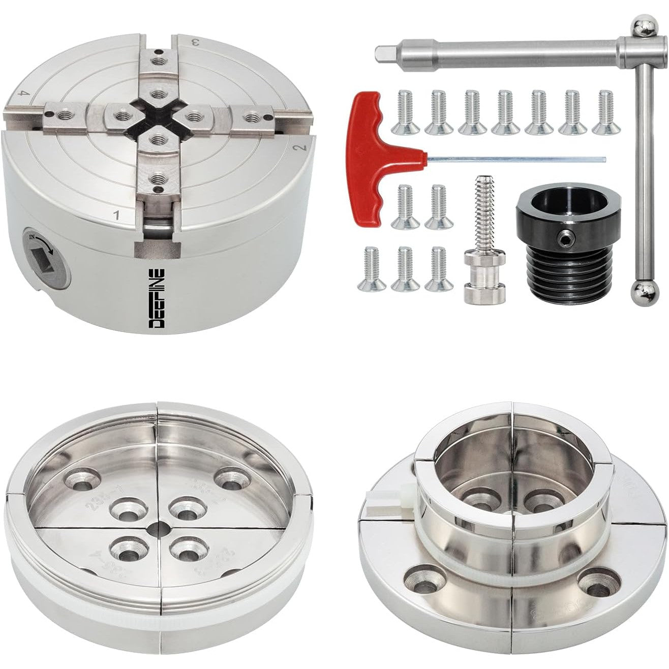 Mandrina autocentranta cu 4 bacuri pentru strung – Mandrina de 100 mm, nichelata, precizie inalta pentru lemn si metal, compatibila cu strunguri M33×3,5 si M18×2,5 cu adaptor, include accesorii, stabila si durabila pentru atelier si proiecte profesionale