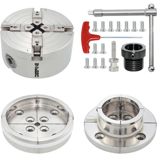 Mandrina autocentranta cu 4 bacuri pentru strung – Mandrina de 100 mm, nichelata, precizie inalta pentru lemn si metal, compatibila cu strunguri M33×3,5 si M18×2,5 cu adaptor, include accesorii, stabila si durabila pentru atelier si proiecte profesionale