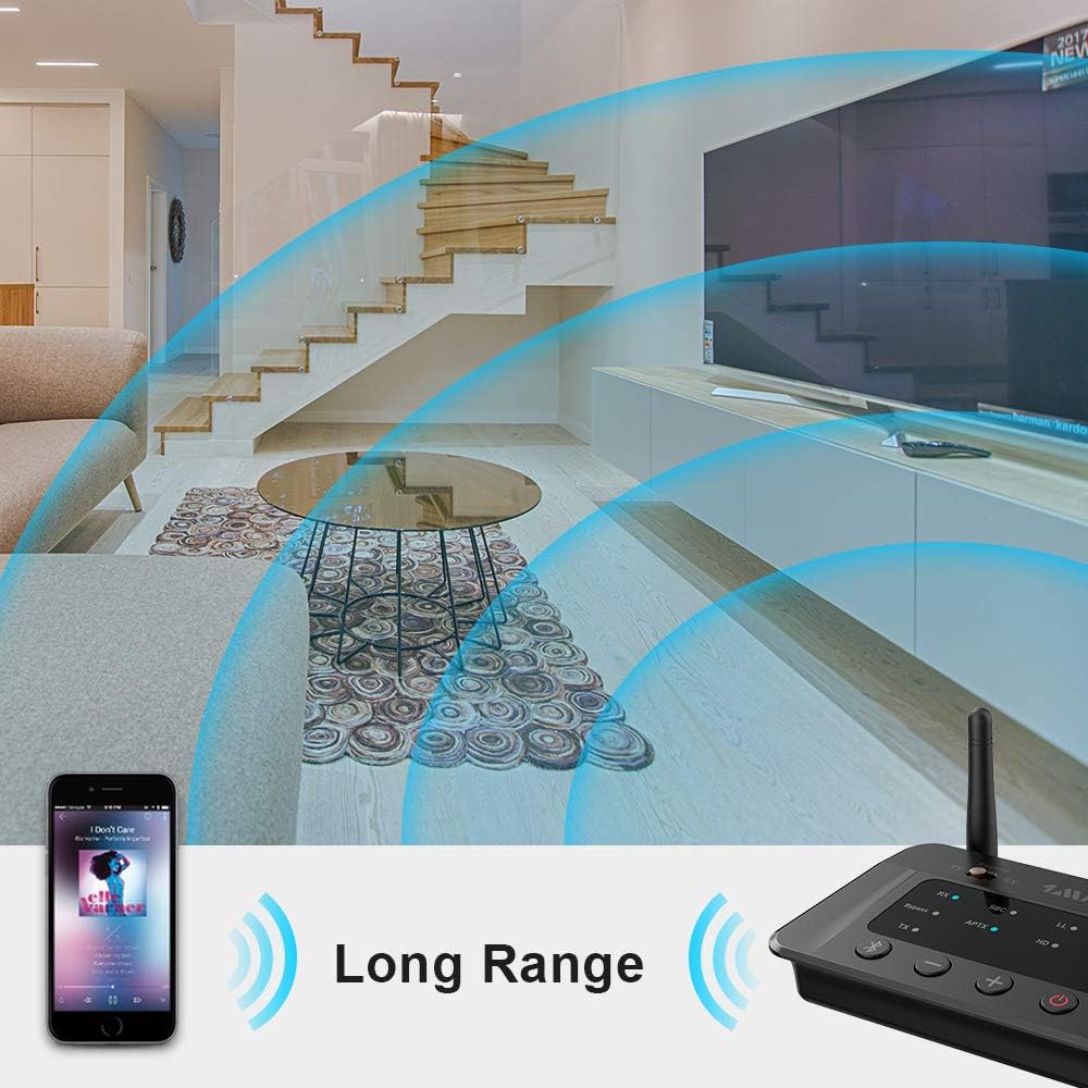 Transmitator si receptor Bluetooth 5.3, adaptor wireless aptX HD cu latenta scazuta, conectare doua dispozitive simultan, mod bypass, raza de actiune 70 metri, multifunctional, negru