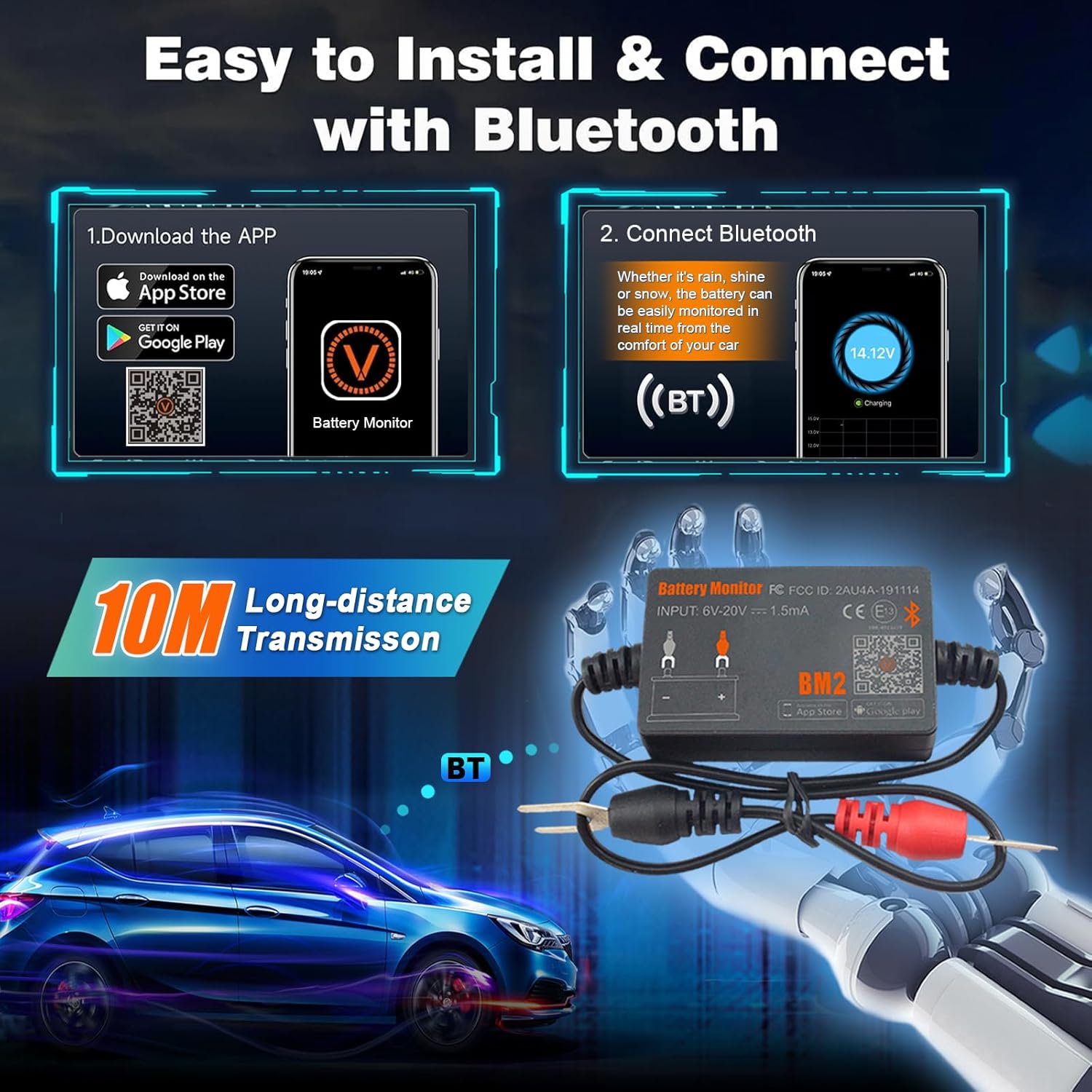 Tester baterie auto Bluetooth, dispozitiv monitorizare parametri baterie 12 V 100-2000 CCA, istoric masuratori, test pornire si incarcare, inregistrare timp clatorie, multifunctional