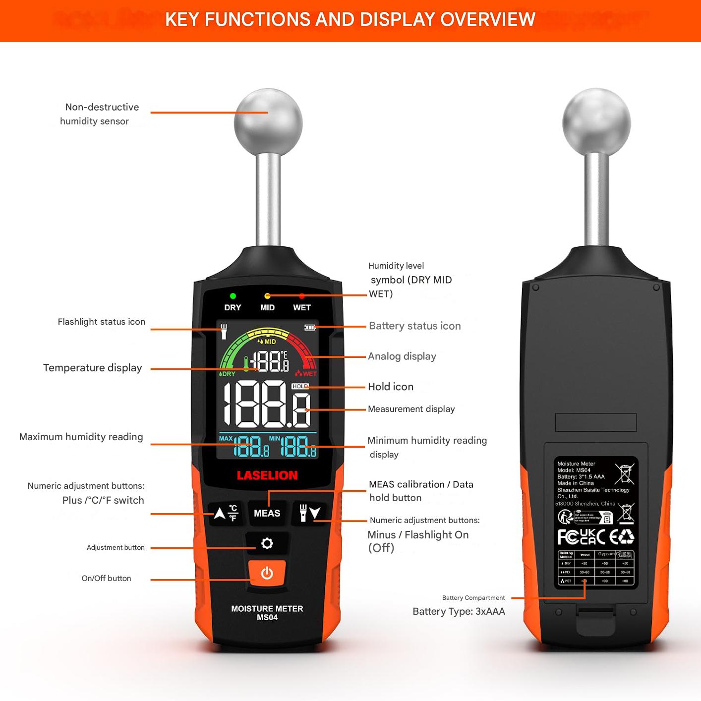 Umidometru, detector de umiditate digital cu ecran LCD, alerta sonora si lanterna LED, 5-40 mm adancime detectare, cu baterii, pentru perete, zidarie, lemn, tencuiala
