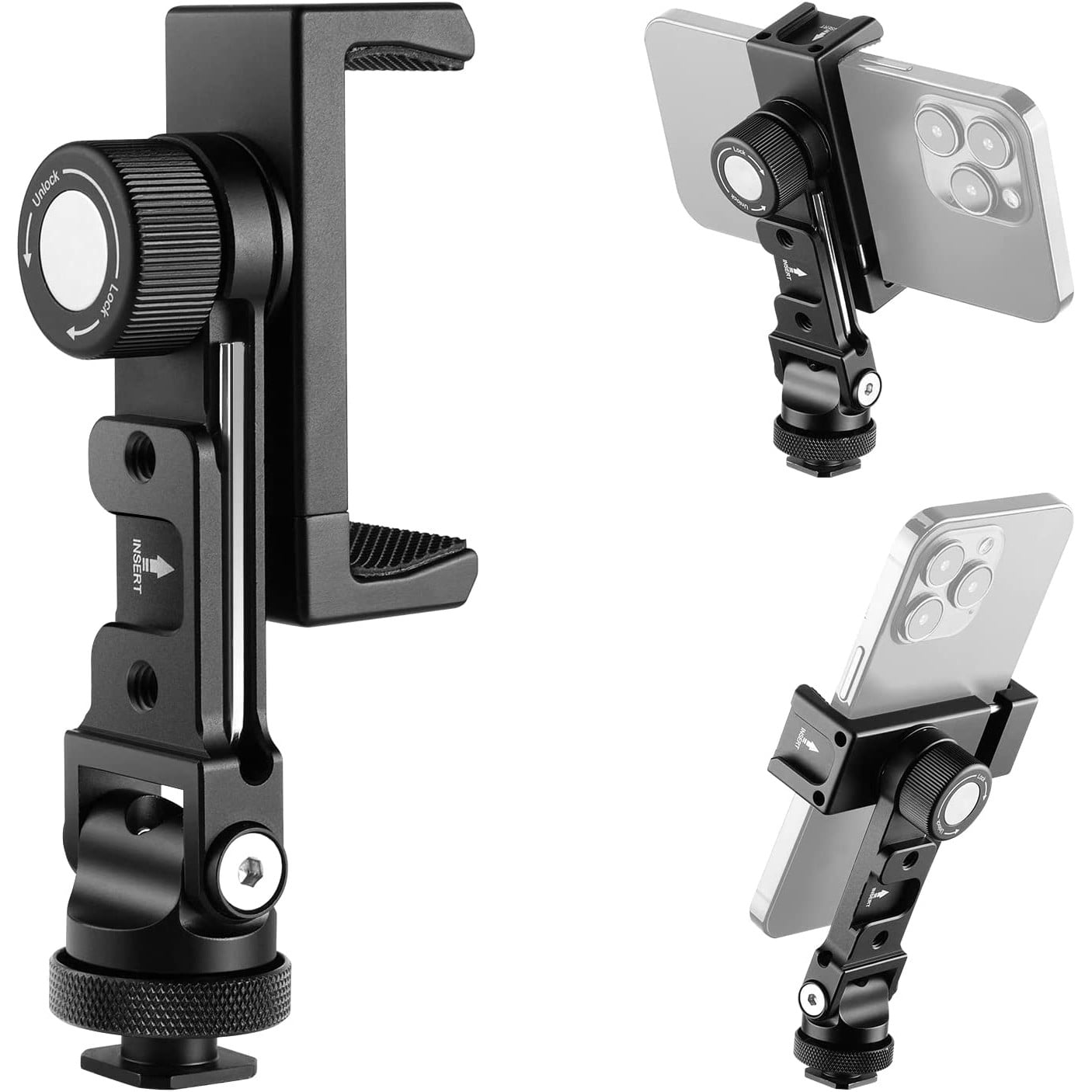 Suport de telefon cu 4 monturi cold shoe si 3 filet de 1/4 inch, rotatie orizontala 360° si inclinare 180° pentru smartphone, streaming, vlogging, inregistrare