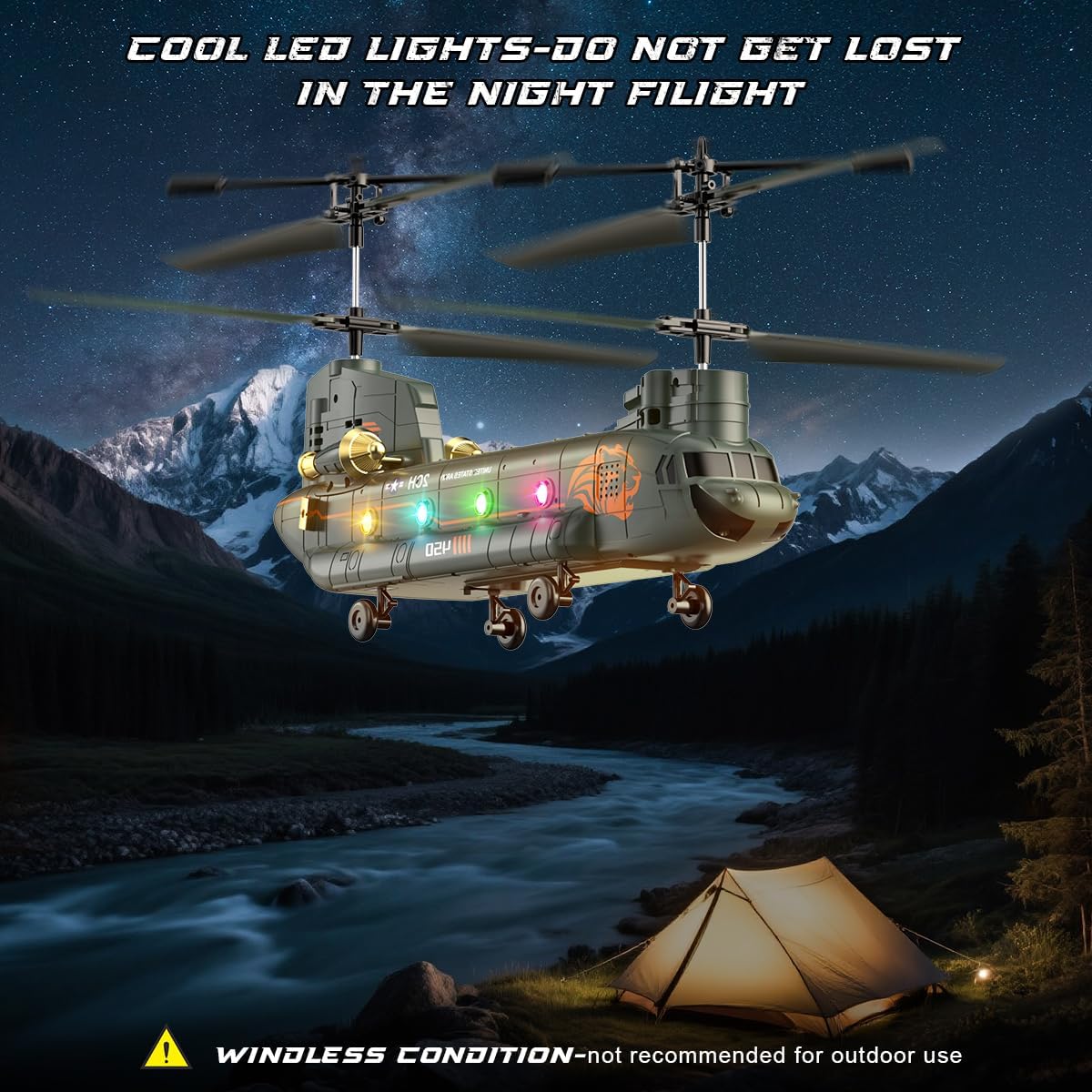 Elicopter cu telecomanda VATOS Chinook RC 2.4GHz, elicopter militar cu 2 motoare si 2 baterii reincarcabile, mentinere altitudine, decolare si aterizare cu un singur buton, lumini LED, sistem anti-blocare, zbor interior/exterior, pentru copii si adulti