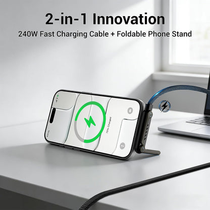 Cablu USB-C la USB-C Coolden 1, 5 m, pachet 2 bucati, incarcare rapida 240 W cu suport integrat pentru telefon mobil, transfer date 480 Mbps, compatibil iPhone 15/16/17 si alte dispozitive Type-C