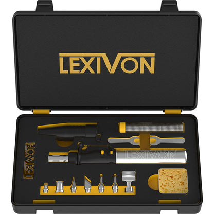 Set ciocan de lipit cu gaz butan si 6 capete diferite, cu rezervor reincarcabil, aprindere automata, ajustare flacara, cu rezervor din aluminiu, Lexivon