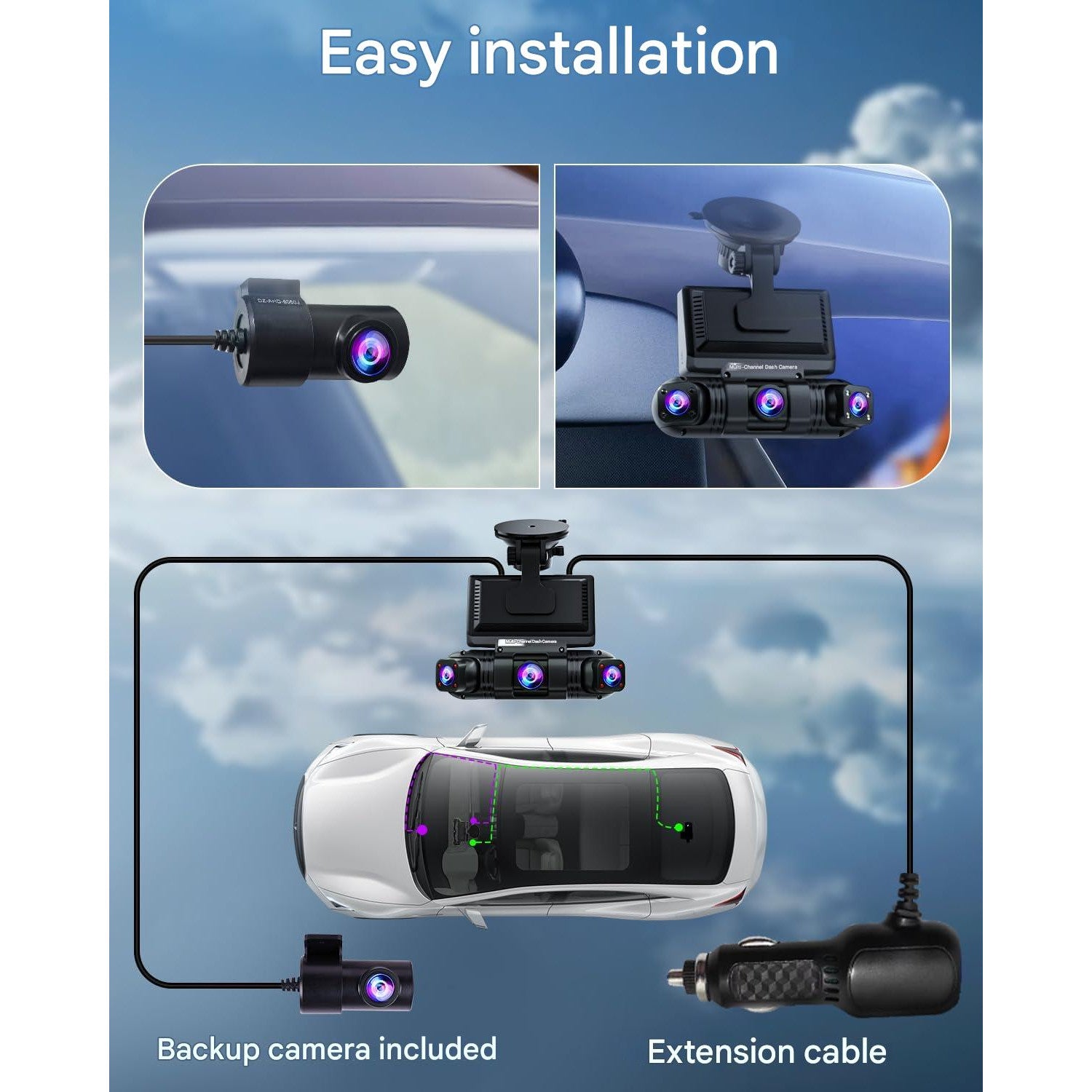 Camera auto de bord wireless, 4 canale, 2K + 3×1080P, Wi-Fi cu aplicatie, unghi filmare 360°, senzor G, 8 LED-uri IR, vedere nocturna, camera video marsarier inclusa in pachet, card SD 128 GB