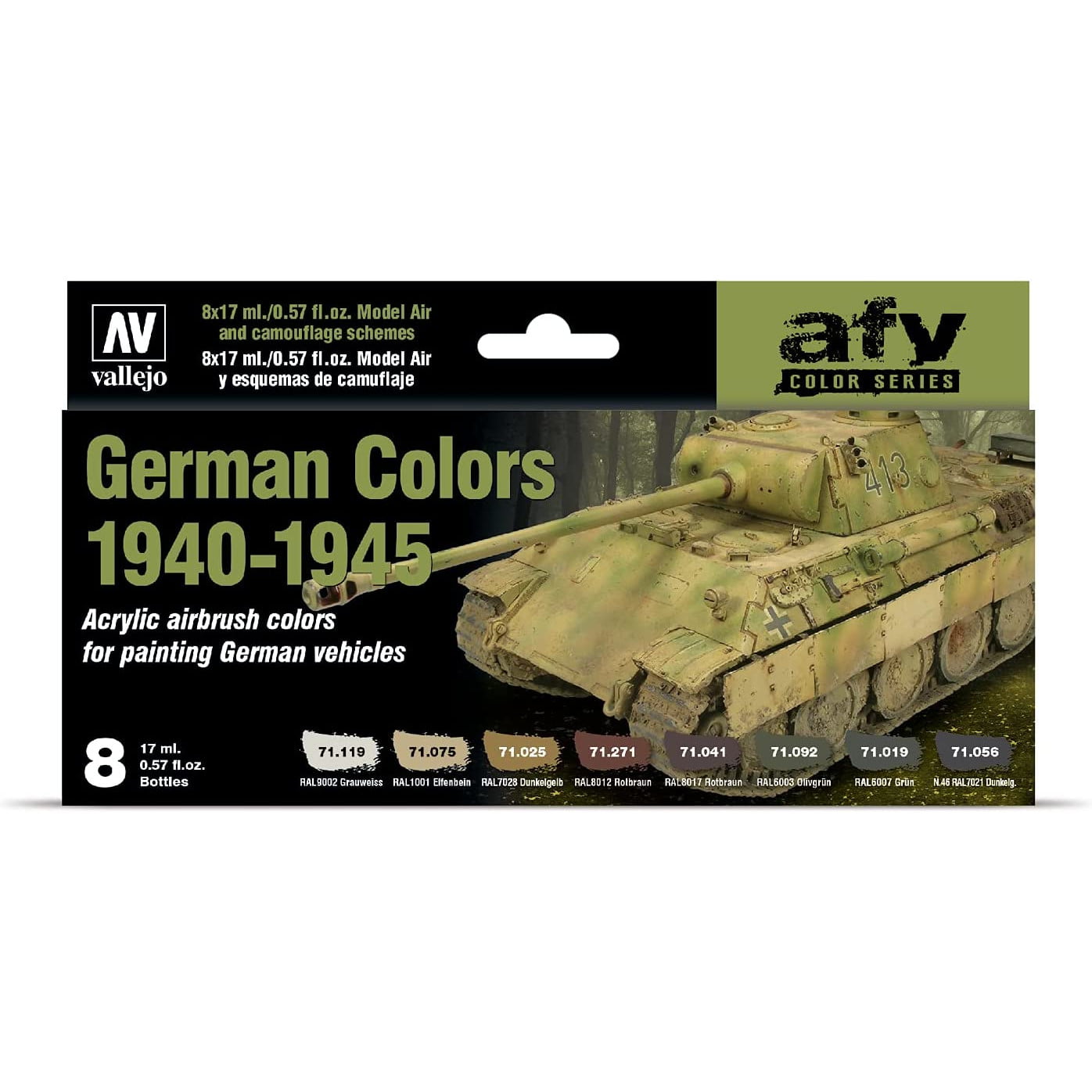 Set de 8 vopsele acrilice 17 ml pentru modelism, German Camouflage 1940-1945, Vallejo ‎VJ71206, pentru airbrush