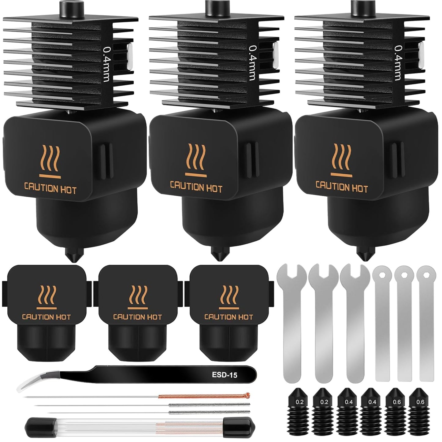 Set 3 Hotend-uri 0.4 mm pentru Bambu Lab A1 / A1 Mini, cu duze otel calit 0.2/0.4/0.6 mm, sosete silicon, ace curatare si chei, compatibil PLA ABS PETG TPU lemn 1.75 mm, kit complet extruder imprimanta 3D