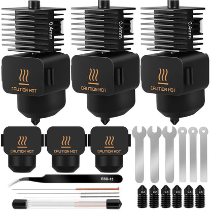 Set 3 Hotend-uri 0.4 mm pentru Bambu Lab A1 / A1 Mini, cu duze otel calit 0.2/0.4/0.6 mm, sosete silicon, ace curatare si chei, compatibil PLA ABS PETG TPU lemn 1.75 mm, kit complet extruder imprimanta 3D