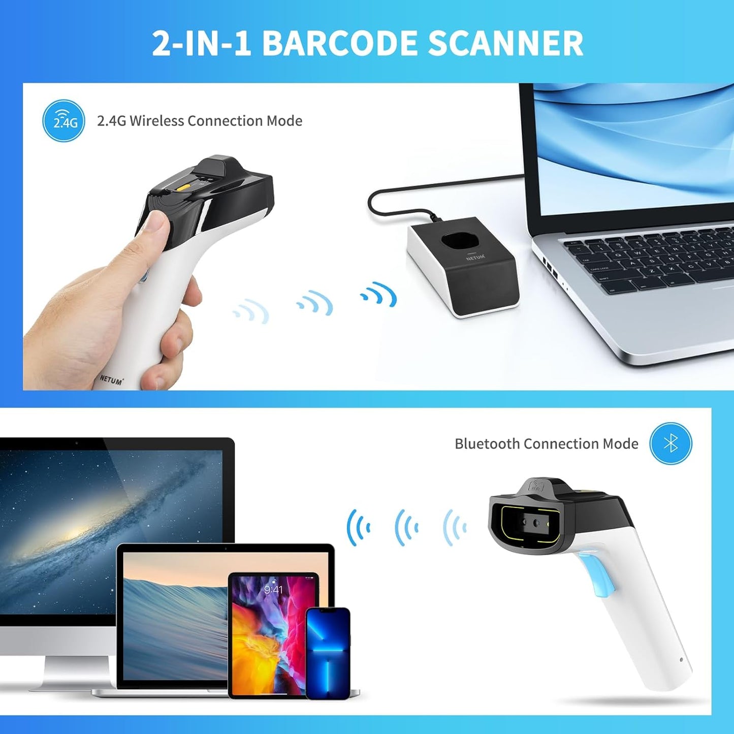 Cititor coduri de bare 1D, 2D, QR Wireless, UHF RFID, conexiune Bluetooth si 2.4 Ghz, 50 m raza de actiune, cu statie de incarcare, compatibil PC, smartphone, tableta