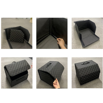 Organizator pentru portbagaj auto, universal, cutie depozitare pliabila din piele PU, impermeabila, cu capac, negru