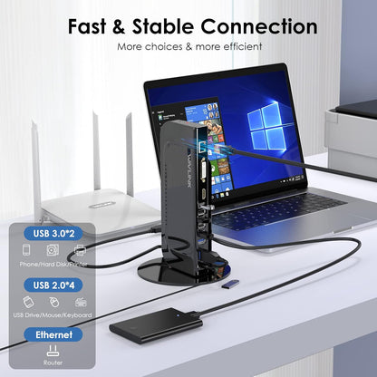 Statie de andocare 13 in 1 universala, cu functie extensie display, port HDMI, DVI, Ethernet, 2 x USB 3.0, 4 x USB 2.0, 1 x adaptor DVI la HDMI, 1x adaptor DVI la VGA, 1 x adaptor USB A la USB-C, pentru laptop Windows/MAC