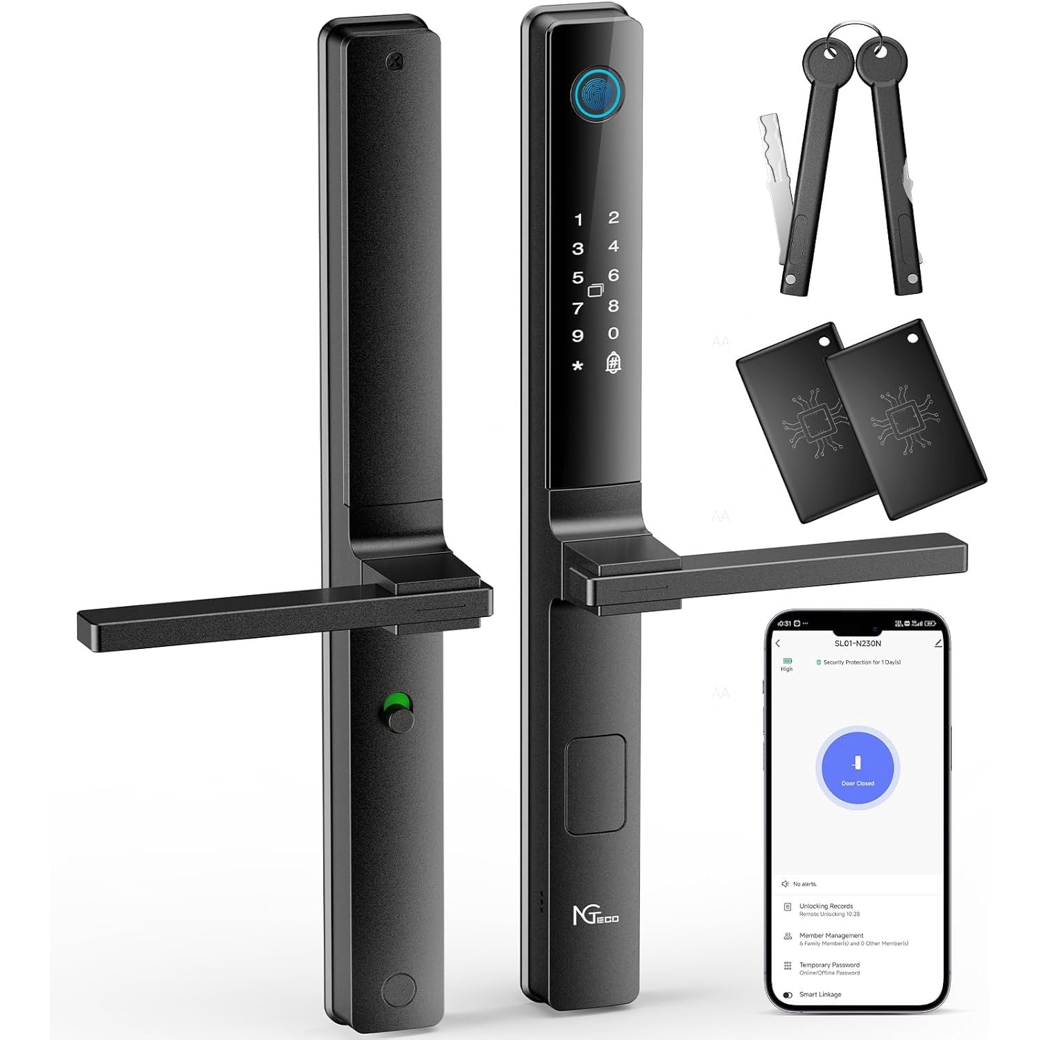 Incuietoare inteligenta, Yala WiFi smart cu aplicatie, amprenta, cod PIN, cartela de acces IC, cheie, sonerie, cod de acces temporar, neagra