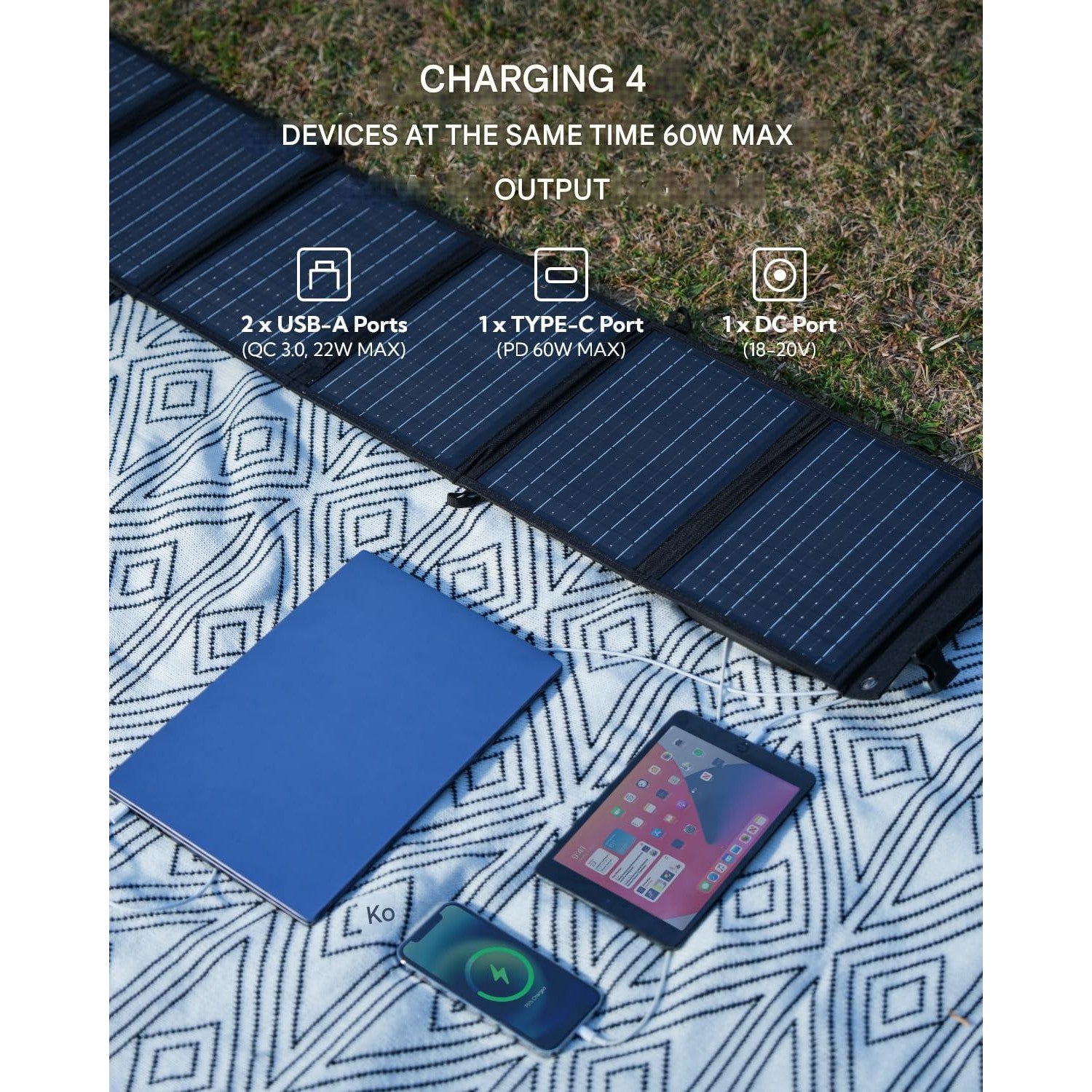 Panou solar pliabil 60 W cu incarcator USB-C & USB-A 3.0 (22 W), IP65 rezistent la apa, exterior, incarcator solar pentru iPhone, Android, tablete si alimentare portabila