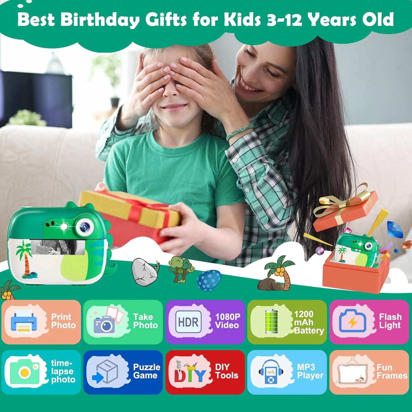Camera foto instant pentru copii, camera instantanee cu functie printare, video HD 1080P, blit, functie MP3 Player, jocuri incorporate, slot card, cu 7 role hartie incluse