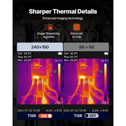 Camera termoviziune VEVOR, TISR 240x180, IR 96x96, camera 2MP, 25Hz, -20°C pana la 550°C, lanterna LED, IP54, 8GB, USB, pentru HVAC, electricieni si inspectii industriale