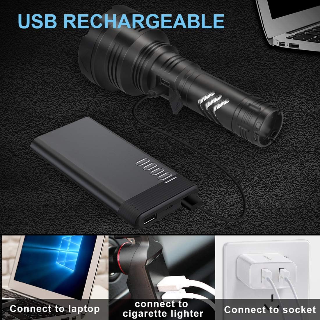 Lanterna LED WholeFire, din aluminiu, 100.000 lumeni, profesionala, acumulator inclus, 5 moduri iluminare, rezistenta la apa, incarcare USB, sursa XHP90, negru
