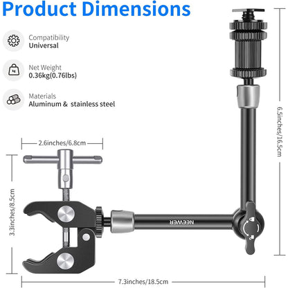 Set brat articulat 11 inch Magic Arm si clema Super Clamp cu filet de 1/4 inch si 3/8 inch, sarcina maxima 2 kg, pentru monitor camera video, lumina LED, Ring Light