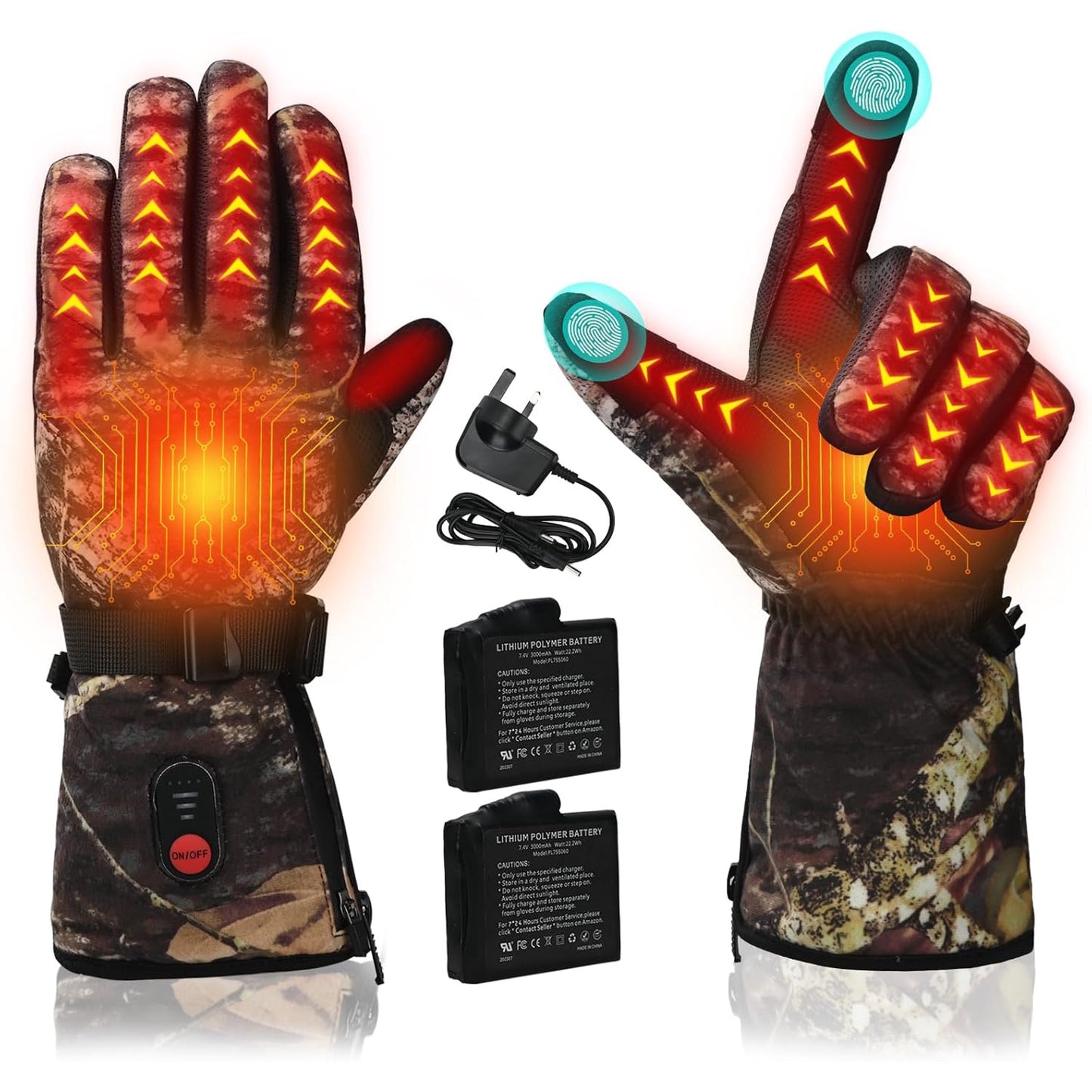 Manusi incalzite cu acumulator 3000 mAh 7.4V x 2, compatibile touchscreen, temperatura reglabila, impermeabile, rezistente la vant, pentru schi, snowboarding, drumetie, ciclism, pescuit