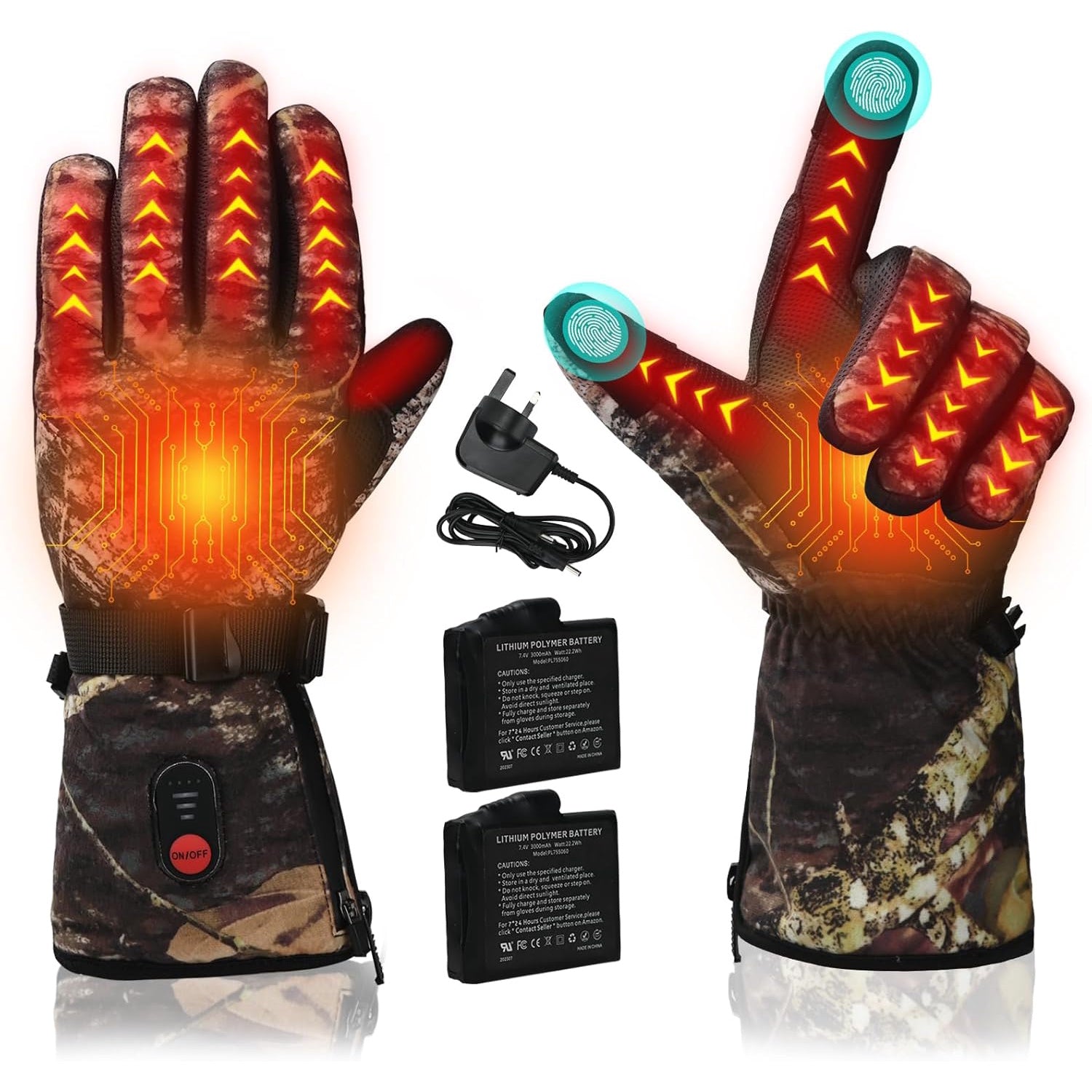 Manusi incalzite cu acumulator 3000 mAh 7.4V x 2, compatibile touchscreen, temperatura reglabila, impermeabile, rezistente la vant, pentru schi, snowboarding, drumetie, ciclism, pescuit