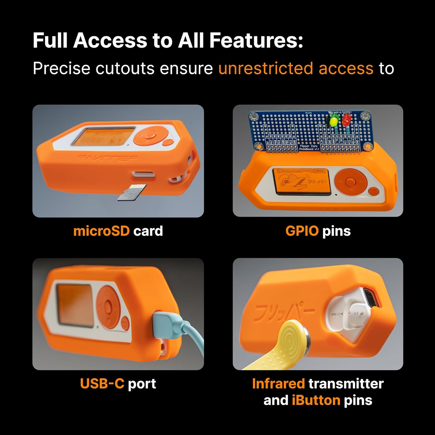 Husa de protectie din silicon Soft Touch pentru Flipper Zero, anti-soc si anti-zgarieturi, acces complet la porturi USB-C/GPIO/microSD/IR, design ergonomic antiderapant, portocaliu
