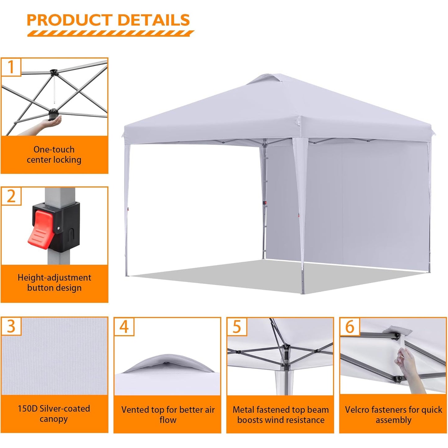 Cort pavilion de gradina cu perete lateral, 3 x 3 m, reglabil pe inaltime, protectie UPF 50+, design portabil cu geanta de transport, multifunctional