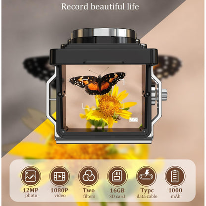 Camera digitala mini stil retro, 1080p FHD, 12 MP, cu manivela pentru focus, acumulator 1000 mAh, card memorie de 16 GB, filtru alb/negru, 8, 8 x 4.2 x 4 cm