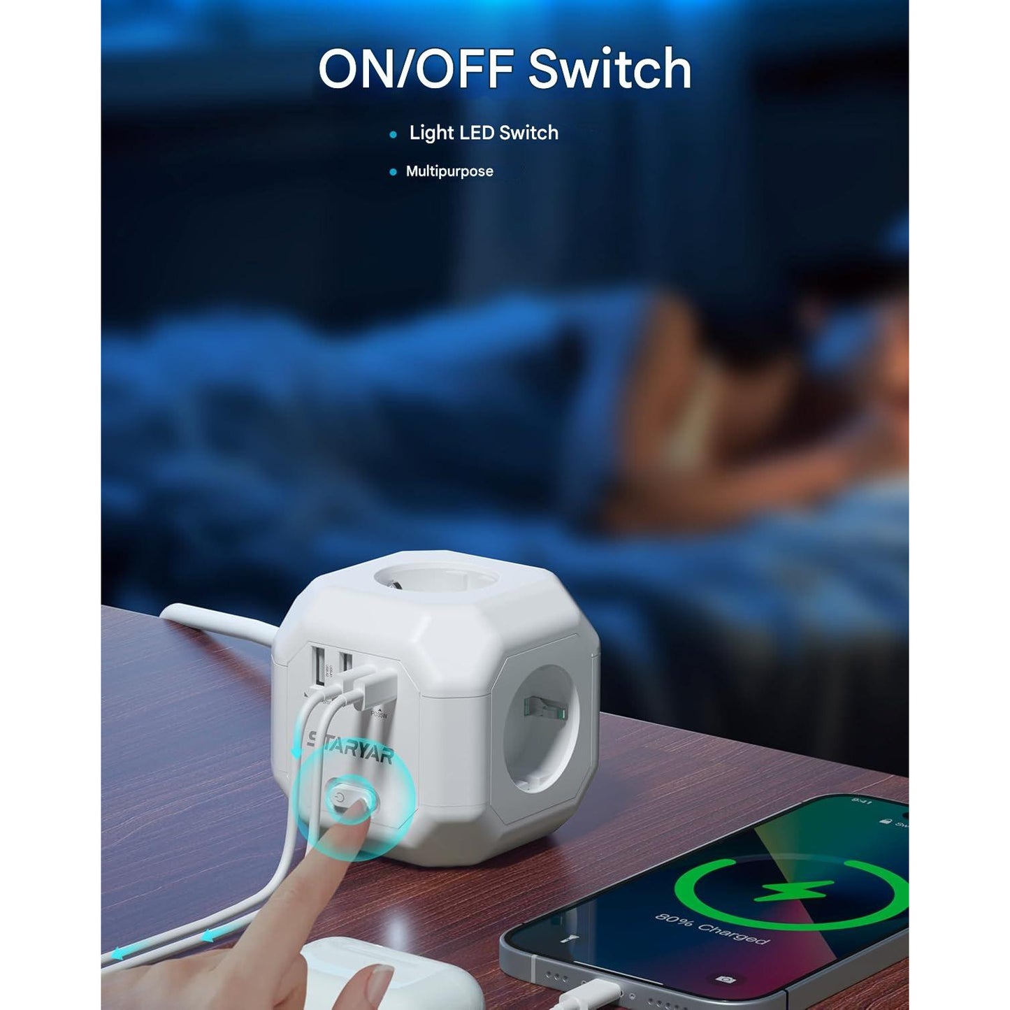 Prelungitor cub cu 4 prize, 2 USB-A su 2 USB-C PD 35W, 4000W, comutator ON/OFF, cablu de 2 m, 7.6 x 7.8 cm, alb
