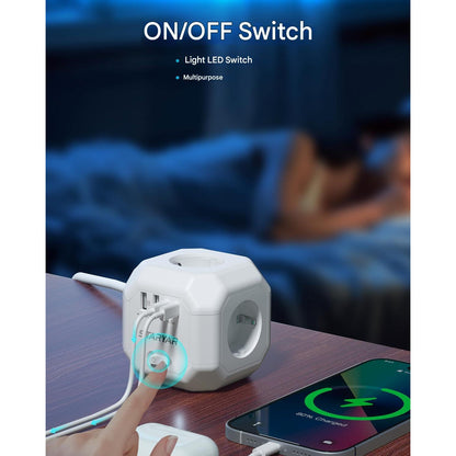 Prelungitor cub cu 4 prize, 2 USB-A su 2 USB-C PD 35W, 4000W, comutator ON/OFF, cablu de 2 m, 7.6 x 7.8 cm, alb