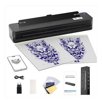 Imprimanta profesionala de tatuaje Bluetooth, portabila, masina transfer de tatuaje, baterie de 2500 mAh cu 10 lavete de curatare, cablu USB-C, adaptor, 10 hartii de transfer, 5 folii curata pentru artisti tatuatori si incepatori