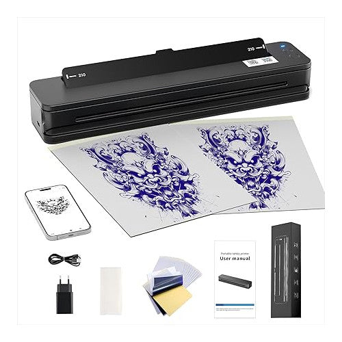 Imprimanta profesionala de tatuaje Bluetooth, portabila, masina transfer de tatuaje, baterie de 2500 mAh cu 10 lavete de curatare, cablu USB-C, adaptor, 10 hartii de transfer, 5 folii curata pentru artisti tatuatori si incepatori