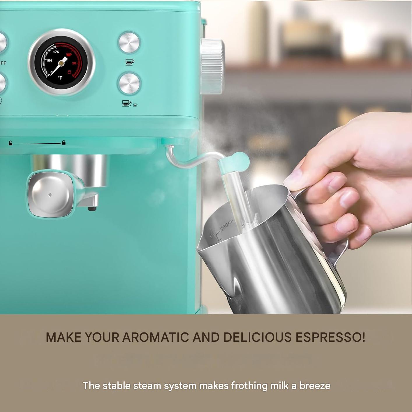 Aparat de cafea cu filtru de espresso Empstorm 20 bar, 1100 W, rezervor de apa de 1, 5 L, spumator de lapte profesional, aparat de espresso pentru cappuccino, latte si macchiato, albastru deschis