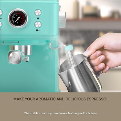 Aparat de cafea cu filtru de espresso Empstorm 20 bar, 1100 W, rezervor de apa de 1, 5 L, spumator de lapte profesional, aparat de espresso pentru cappuccino, latte si macchiato, albastru deschis