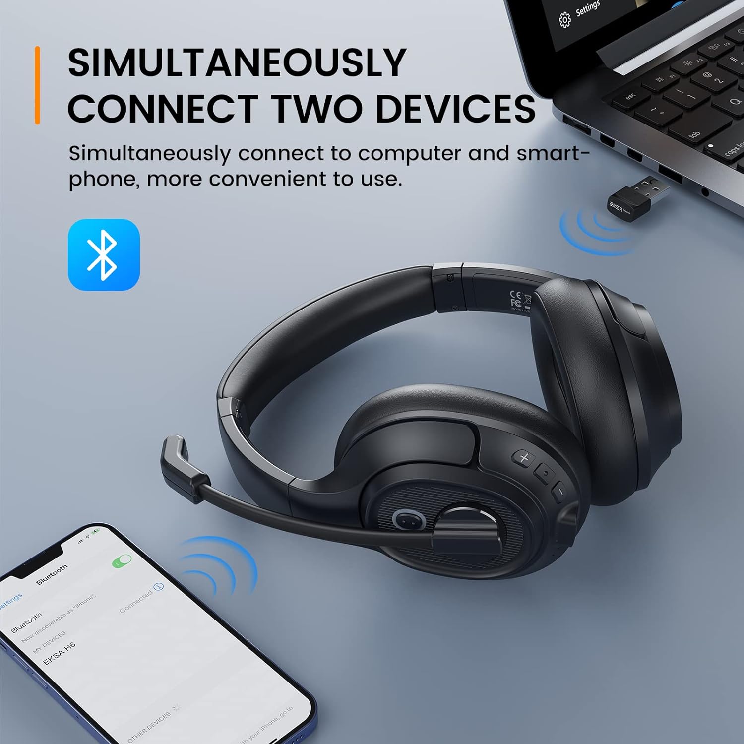 Casti wireless Bluetooth cu microfon si USB dongle, cu chip AI ENC, anulare a zgomotului, functionare pana la 55 de ore, raza de 10 m, pentru PC, laptop, smartphone, EKSA H6