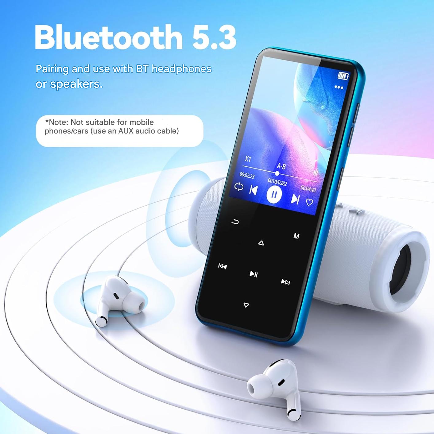 Player MP3 Agptek 64 GB, Bluetooth 5.3, ecran 2.4 inch, set cu casti si cablu USB Type C, suporta card pana la 128GB, butoane tactile, difuzor, Radio FM, E-Book, alarma, albastru