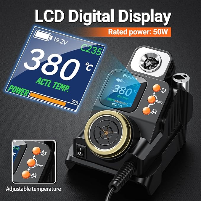 Statie de lipit 50W, display LCD, portabila fara fir, letcon, temperatura reglabila 90-450°C compatibila cu bateriile Makita 18-20V, negru