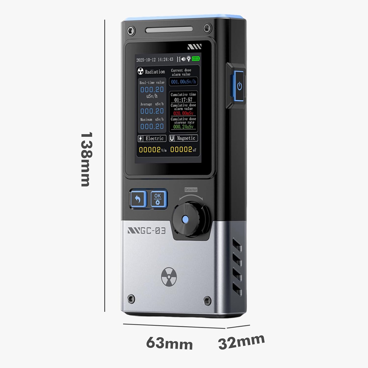 Detector radiatii 3 in 1 DewinLVD GC-03, contor geiger, masurare camp electric/magnetic si radiatii nucleare, ecran color 2.4”, alarma sonora, luminoasa, vibratii, USB-C, baterie 1500mAh, negru