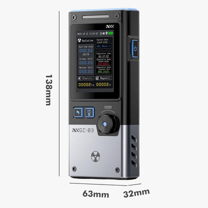 Detector radiatii 3 in 1 DewinLVD GC-03, contor geiger, masurare camp electric/magnetic si radiatii nucleare, ecran color 2.4”, alarma sonora, luminoasa, vibratii, USB-C, baterie 1500mAh, negru