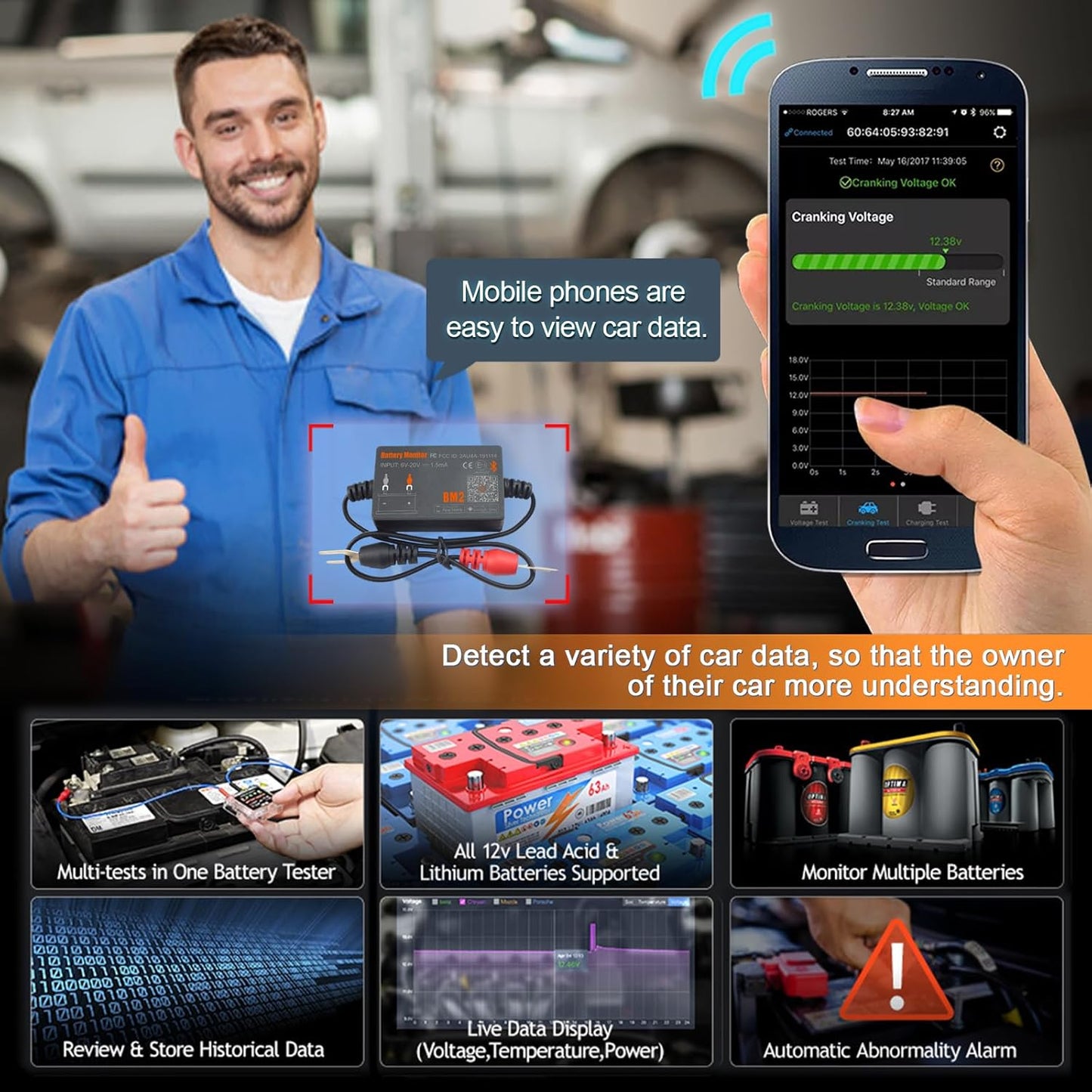Tester baterie auto Bluetooth, dispozitiv monitorizare parametri baterie 12 V 100-2000 CCA, istoric masuratori, test pornire si incarcare, inregistrare timp clatorie, multifunctional