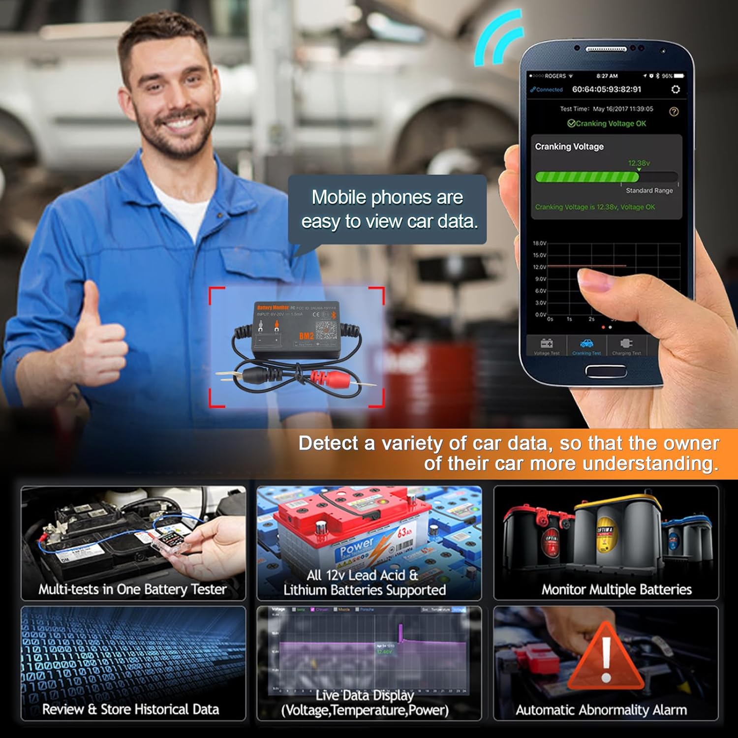 Tester baterie auto Bluetooth, dispozitiv monitorizare parametri baterie 12 V 100-2000 CCA, istoric masuratori, test pornire si incarcare, inregistrare timp clatorie, multifunctional