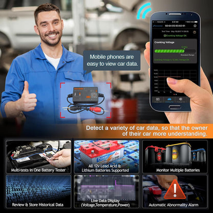 Tester baterie auto Bluetooth, dispozitiv monitorizare parametri baterie 12 V 100-2000 CCA, istoric masuratori, test pornire si incarcare, inregistrare timp clatorie, multifunctional