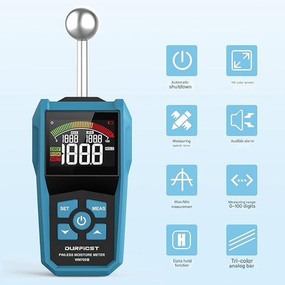 Umidometru, detector digital de umiditate cu LCD color si alarma acustica, masurare precisa, raspuns rapid, patrunde 40 mm, rezolutie: 0, 1%, cu sonda sferica, pentru perete, zidarie, lemn, tencuiala