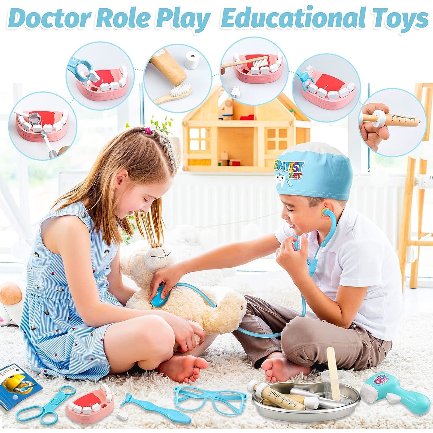 Trusa medicala de jucarie, set dentist cu geanta, termometru, stetoscop, ochelari, sort, model cu dinti, reflector, lanterna, masca, jucarie de rol, pentru copii peste 3 ani