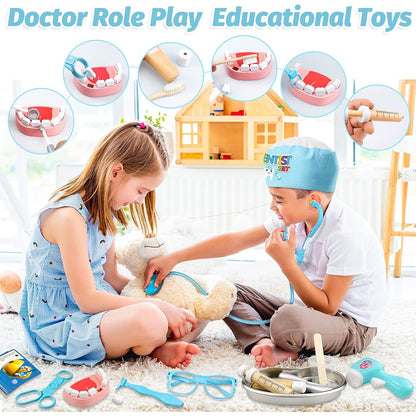 Trusa medicala de jucarie, set dentist cu geanta, termometru, stetoscop, ochelari, sort, model cu dinti, reflector, lanterna, masca, jucarie de rol, pentru copii peste 3 ani