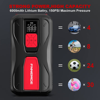 Pompa electrica, mini compresor cu baterie 6000 mAh si functionare 12V, 35 l/min, 150 PSI, functie powerbank, cu lanterna LED si afisaj, pentru auto, motociclete, bicicleta, minge